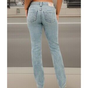 TRUE RELIGION Billie Mid Rise Straight Jean Light Wash Peak Spot Pink Seam Sz 27